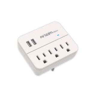 ADAPTADOR ARGOM TECH DE CARGA CON PROTECCIÓN DE VOLTAJE DE 3 ENCHUFES Y 2 USB / BLANCO