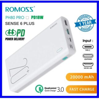 ROMOSS BATERÍA PORTÁTIL SENSE 6+ USB C DE 20000 MAH DE 22.5 W CON CARGA RÁPIDA PD20W, PAQUETE DE BATERÍA DE TELÉFONO PD3.0 QC4.0 CON 3 SALIDAS Y 3 ENTRADAS, COMPATIBLE CON IPHONE, SAMSUNG, IPAD Y MÁS (SENSE6F)